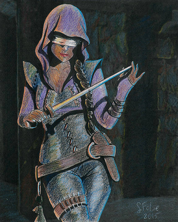 Mistress of a Darker Justice. Original. Colored pencil on charcoal paper.