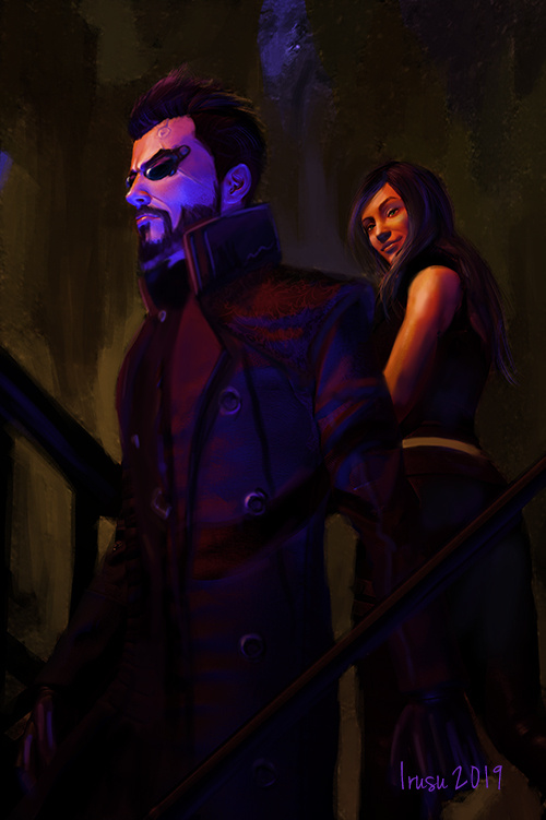 I'd climb that like a funicular. Deus Ex fanart illustrating a fic by lenticularprint on AO3. Digital painting over a 3D render.
